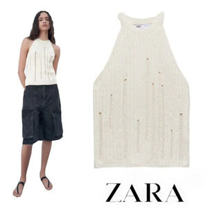 ZARA | Ecru | OPENWORK KNIT HALTER TOP